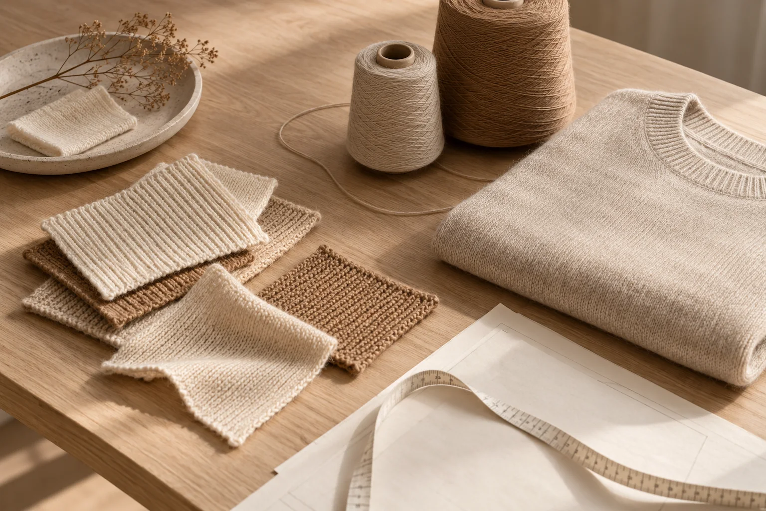 AI-generated knitwear sampling desk with neutral yarns and fabric swatches